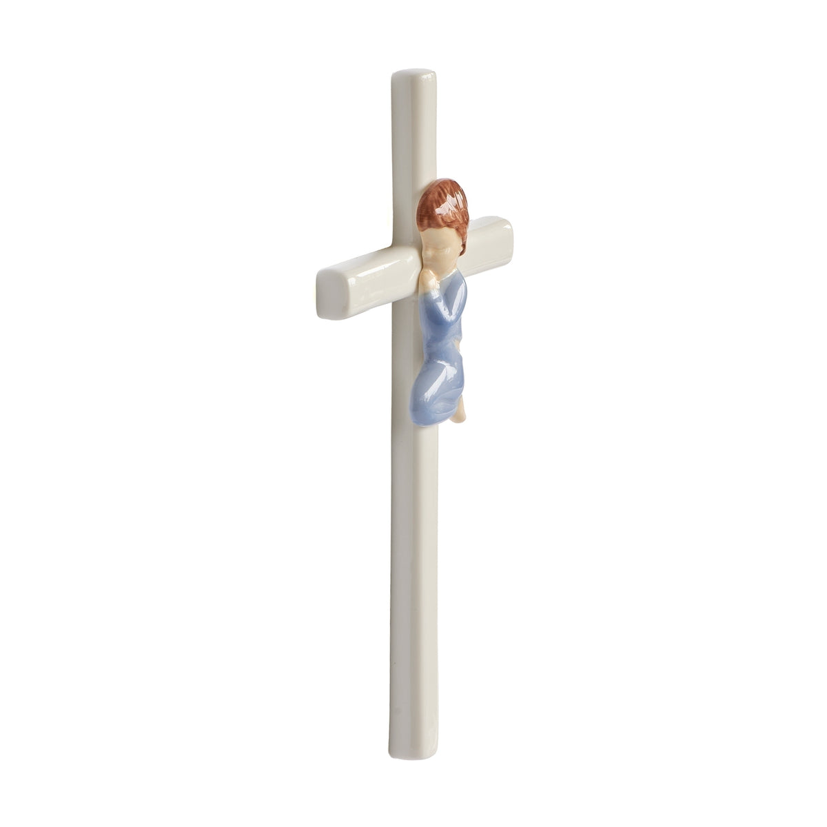 Side view of blue Praying Child Wall Cross showing the kneeling child and slim porcelain cross design