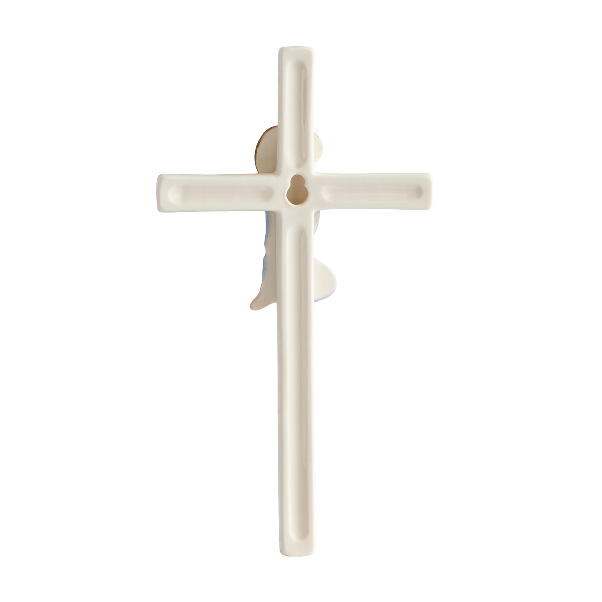 Back view of blue Praying Child Wall Cross showing the plain white cross and hanging hardware