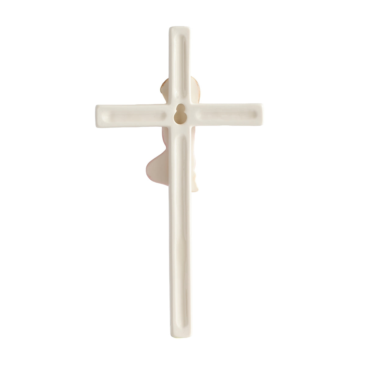 Back view of pink Praying Child Wall Cross showing the plain white cross and hanging hardware