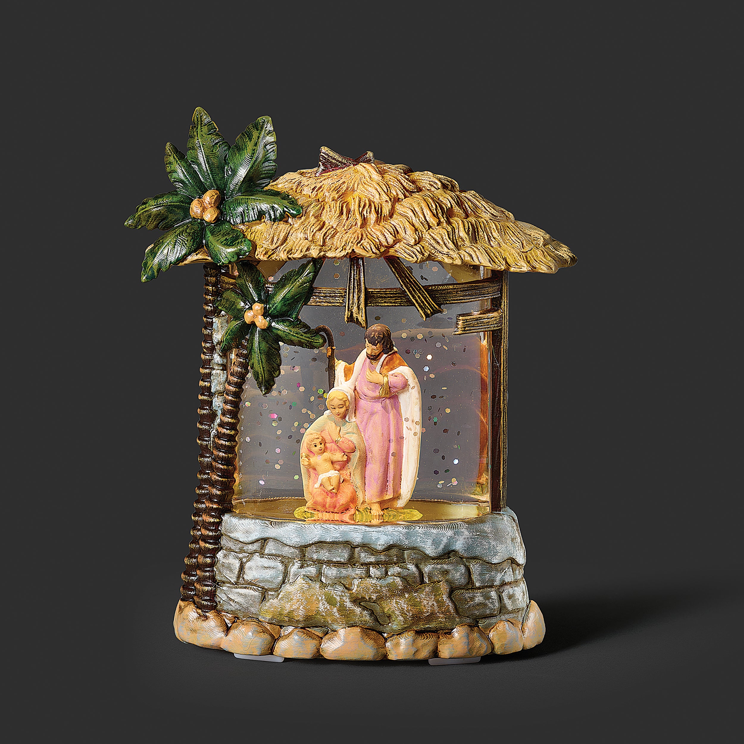 Fontanini Holy Family & Shimmer Palm Tree Nativity Stable Glitterdome