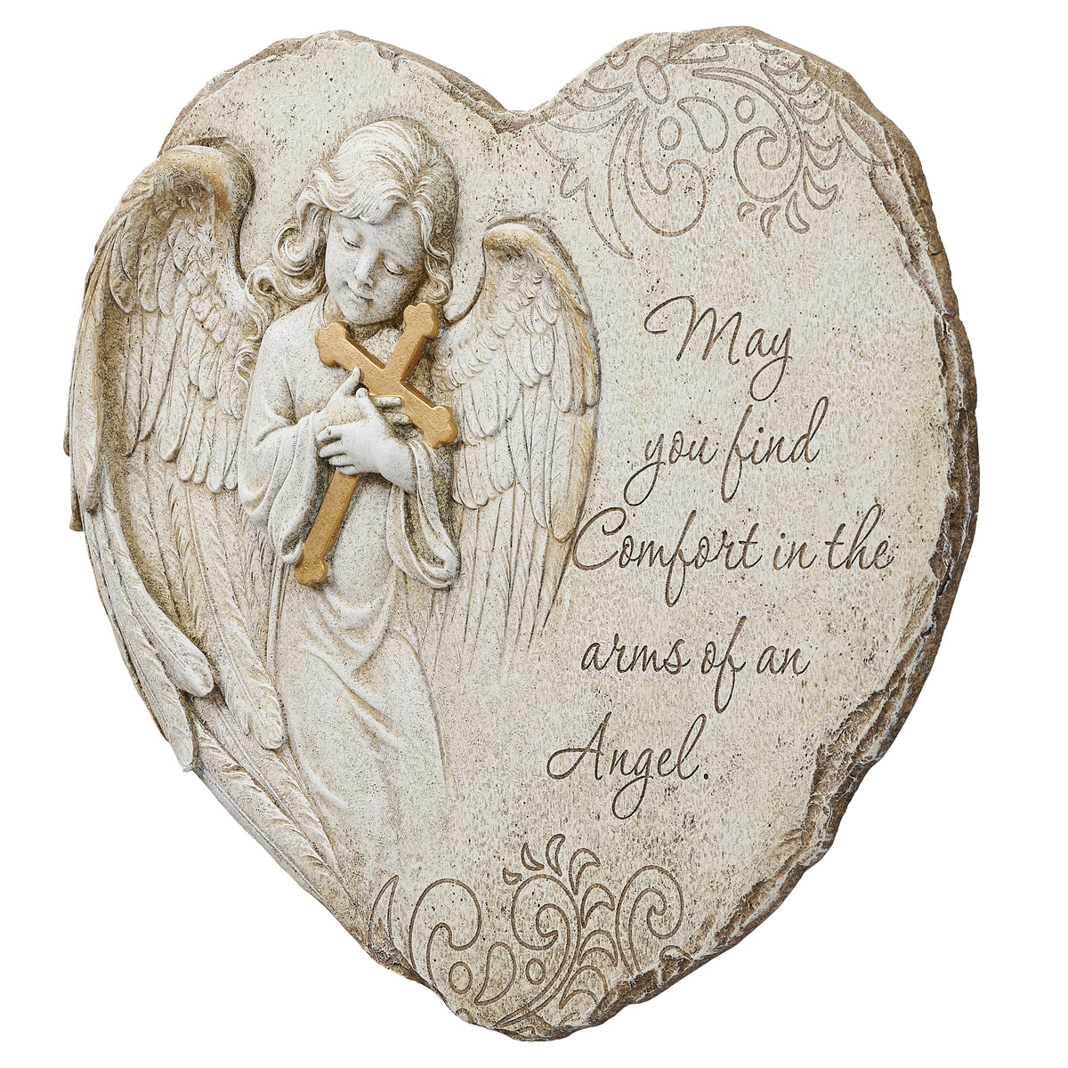 Alternate front view of Joseph's Studio Memorial Angel Garden Stone highlighting the angel relief and "May you find comfort in the arms of an angel" message