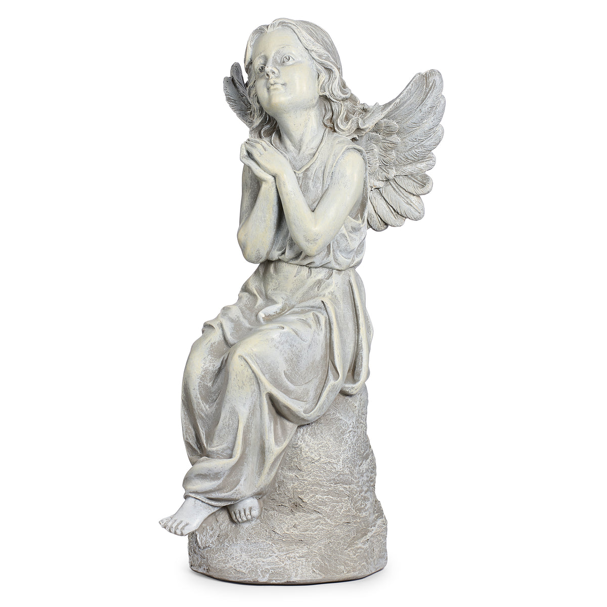Front angled view of Joseph's Studio Sitting Angel Garden Statue showing the seated pose, crossed arms, sculpted wings, and flowing gown