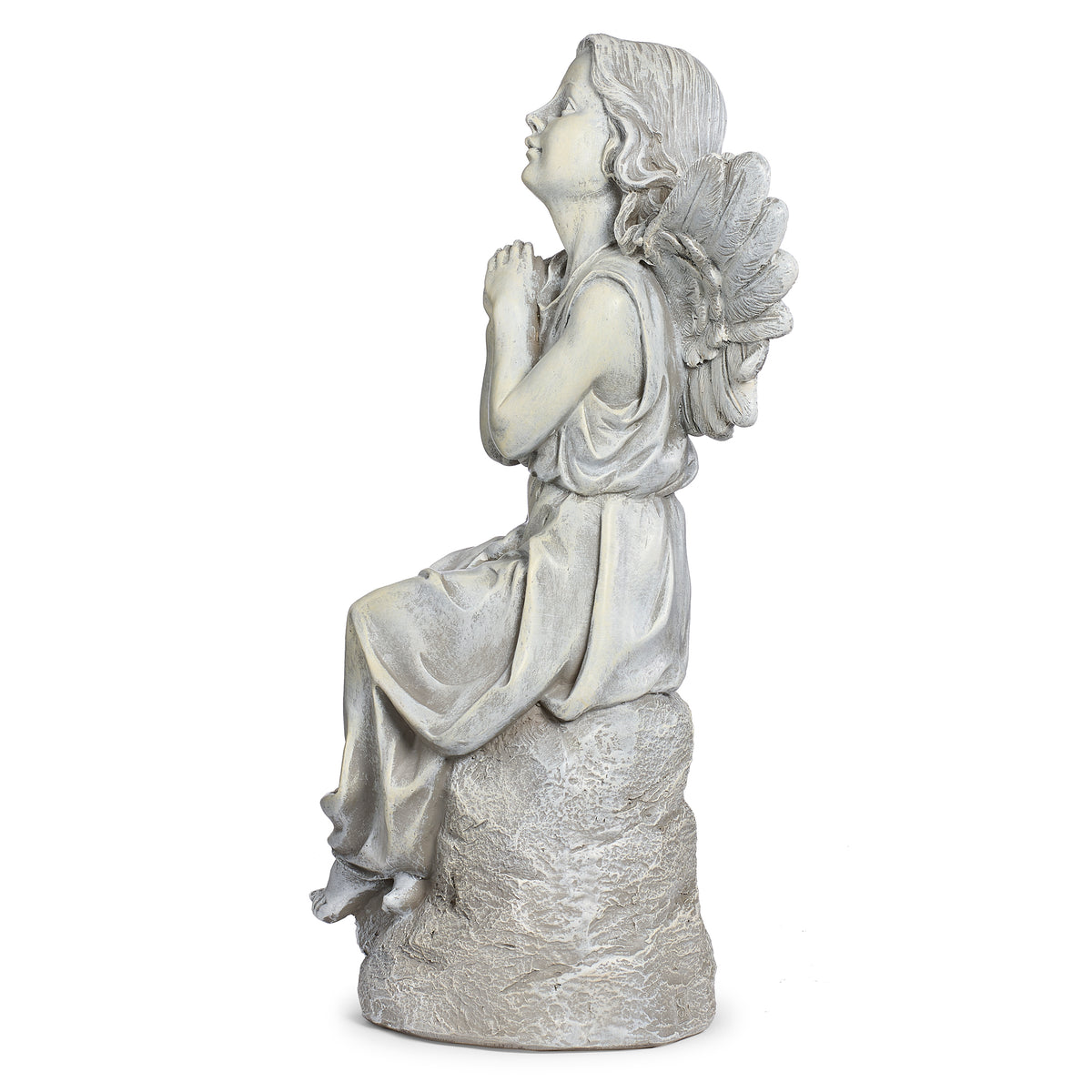 Side view of Joseph's Studio Sitting Angel Garden Statue showing the lifted gaze, seated posture, and detailed feathered wings