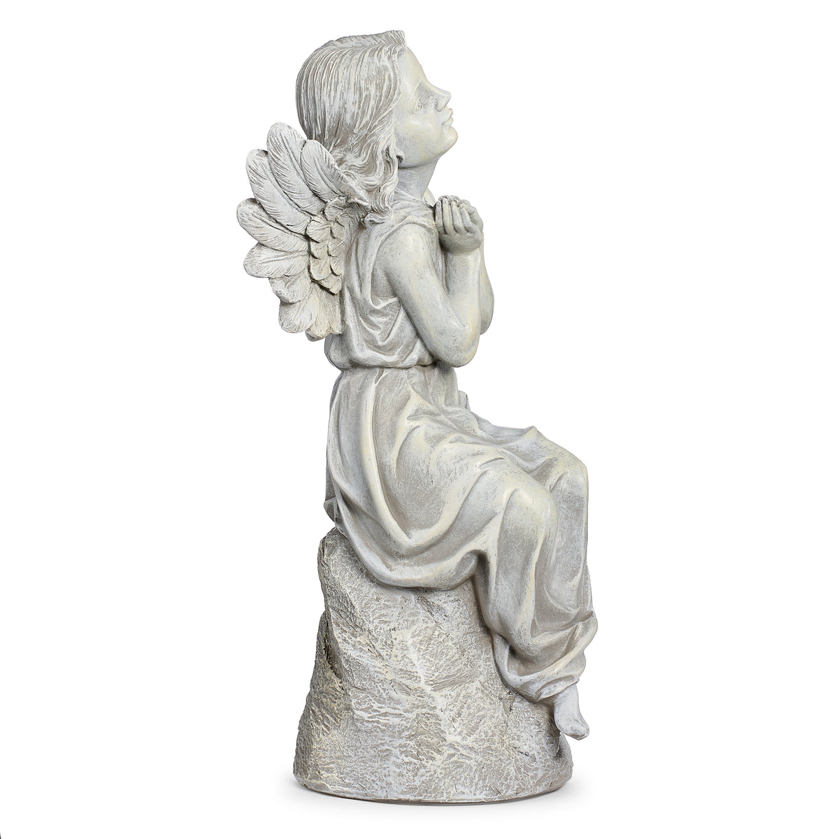 Opposite side view of Joseph's Studio Sitting Angel Garden Statue showing the seated angel, folded arms, and wing details