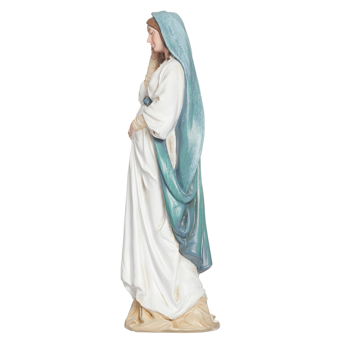 Side view of Joseph's Studio Expectant Madonna 6-inch figure showing Mary's white gown, blue mantle, and peaceful expectant pose
