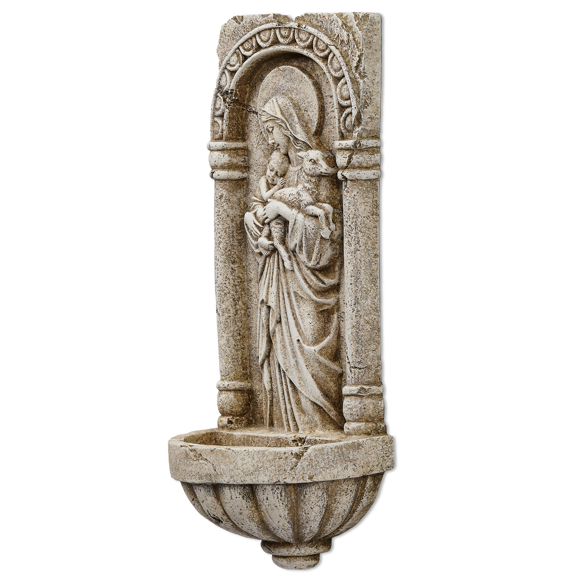 Front view of Joseph's Studio Innocence Holy Water Font showing Mary and the infant Jesus framed by decorative columns and an ornate arch above the basin