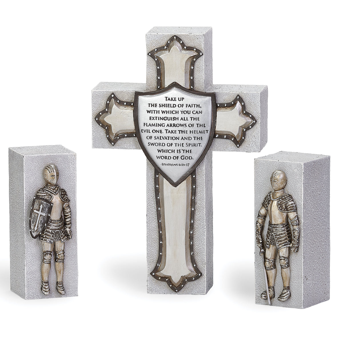 Armor of God Cross with Knights Set featuring scripture cross and two knight figures