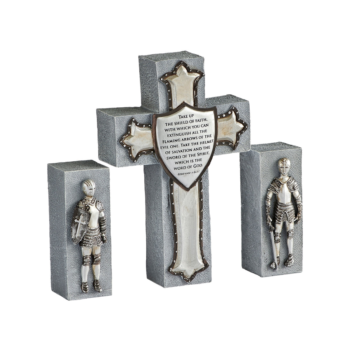 Angled view of Armor of God Cross with Knights Set showing sculpted details