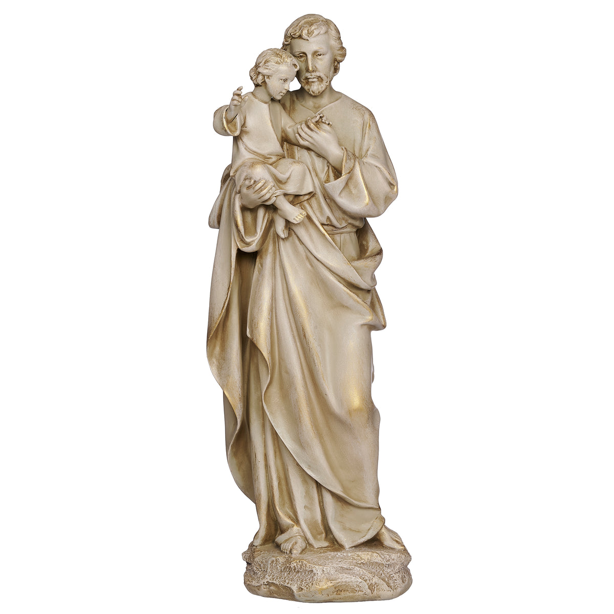 Front angled view of St. Joseph Renaissance Collection Figure showing the Child Jesus, detailed robes, and antique gold finish