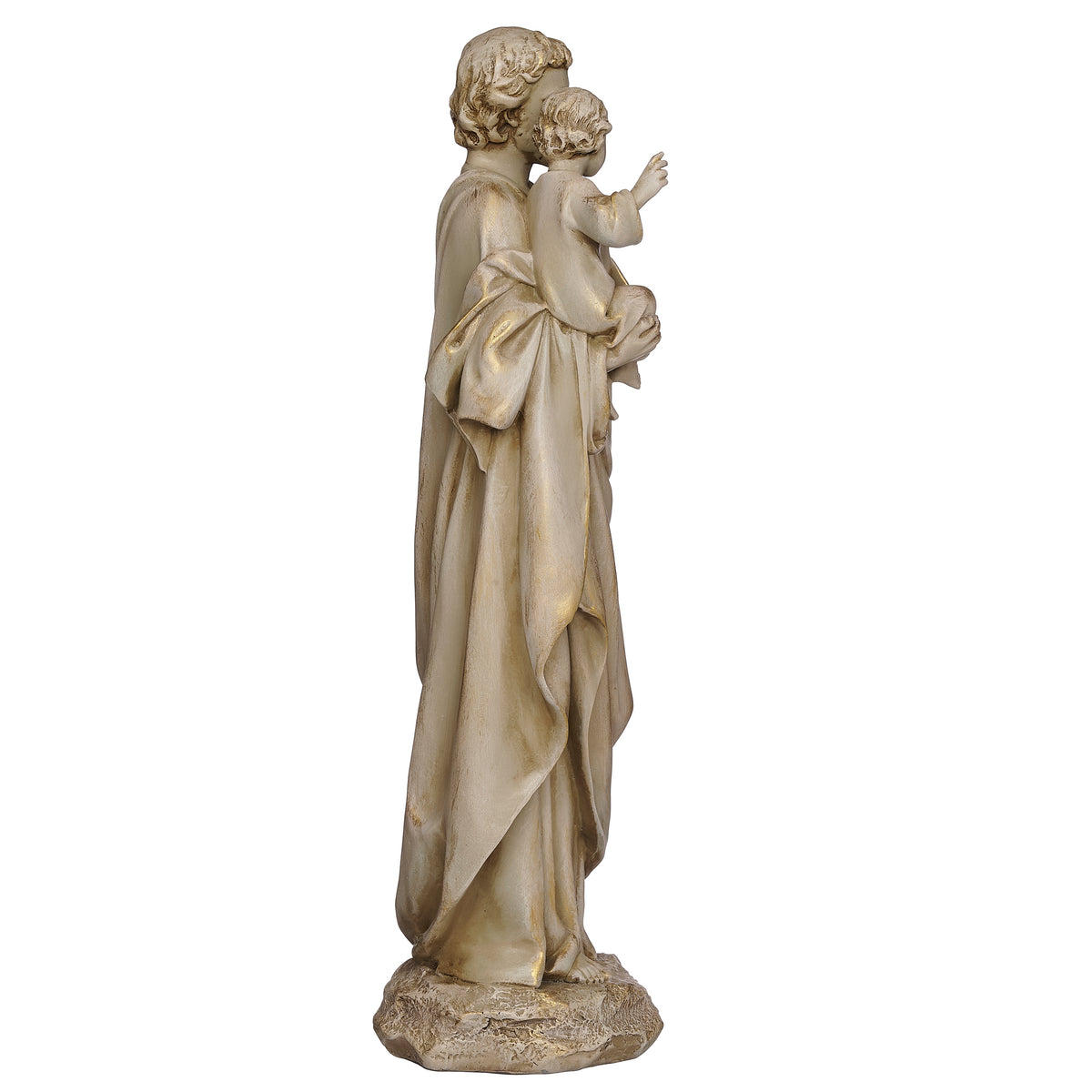 Side view of St. Joseph Renaissance Collection Figure showing St. Joseph holding the Child Jesus close with sculpted robe details