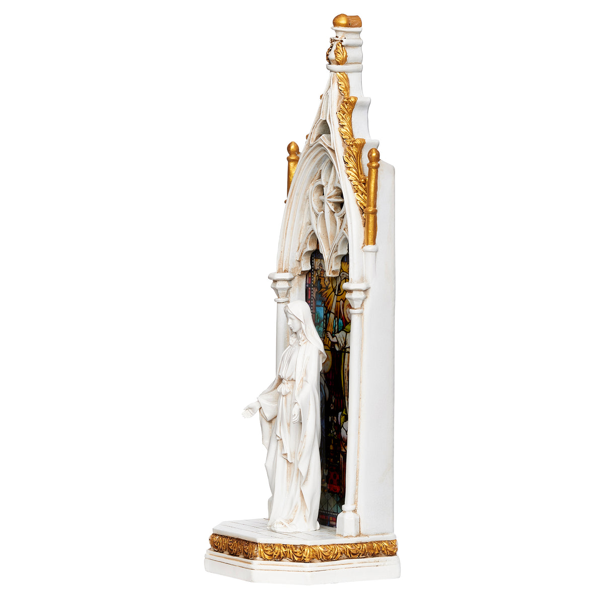 Front angled view of Joseph's Studio Lighted Our Lady of Grace Stained Glass Window Figure showing Mary framed by the ornate Gothic arch and stained glass accents