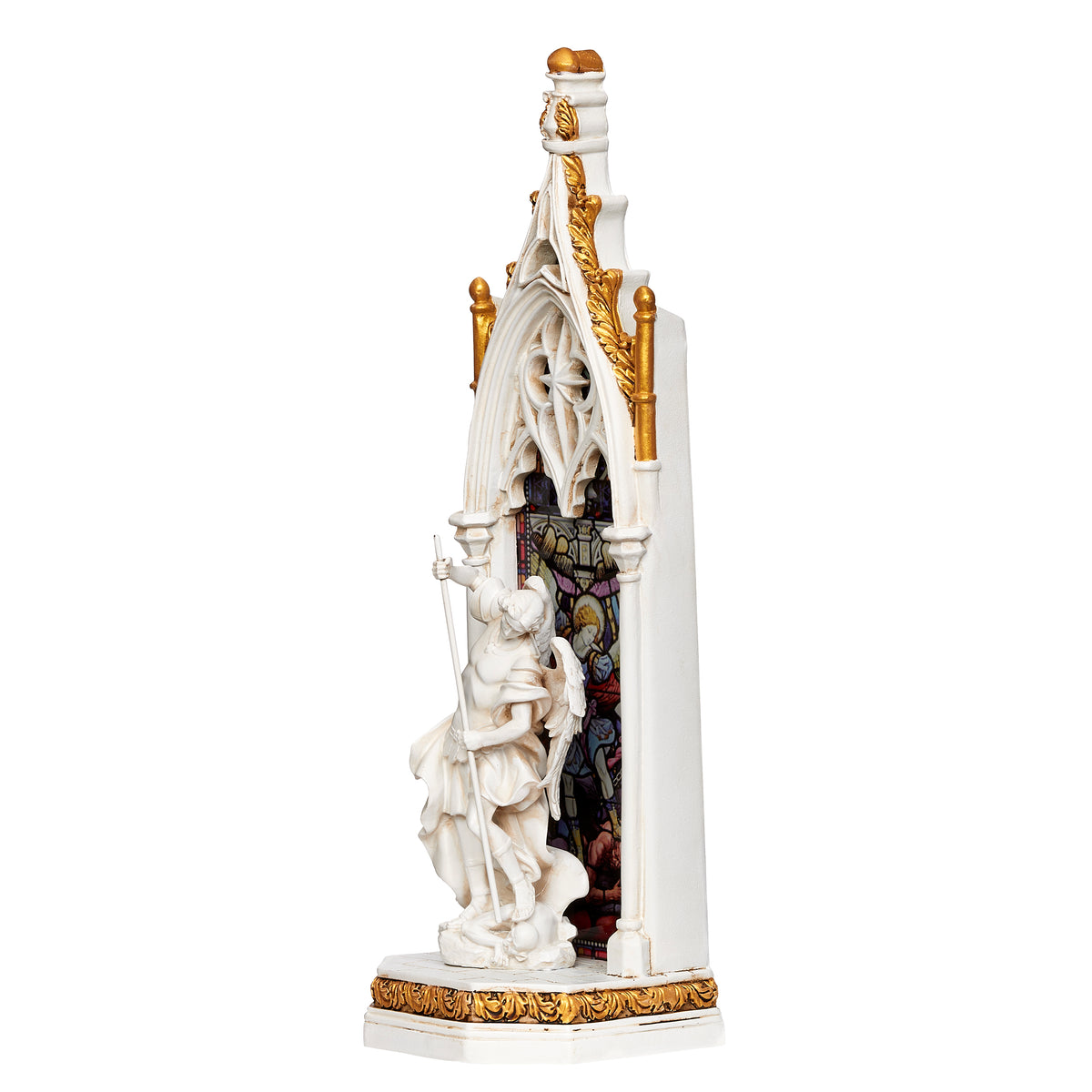 Front angled view of Joseph's Studio Lighted St. Michael Stained Glass Window Figure showing St. Michael framed by the ornate Gothic arch