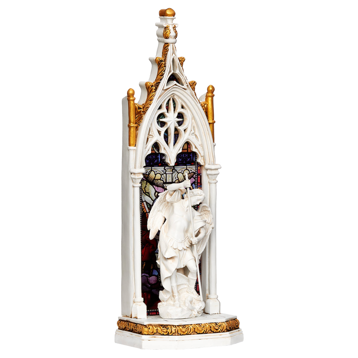 Front view of Joseph's Studio Lighted St. Michael Stained Glass Window Figure showing St. Michael the Archangel framed by ornate Gothic architecture and stained glass accents