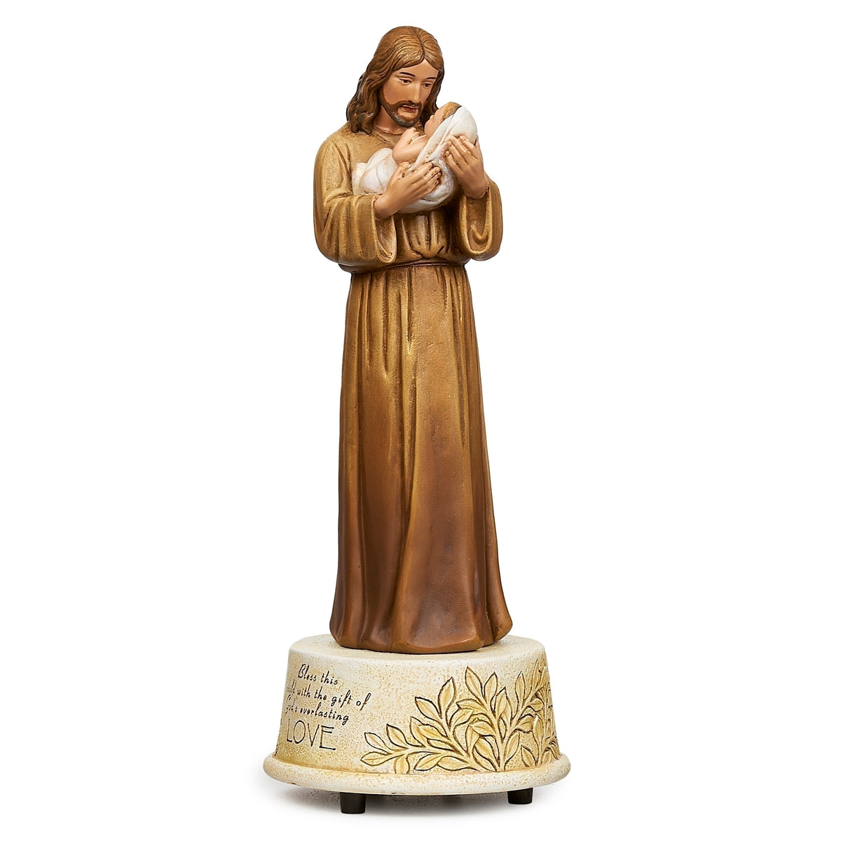 Front angled view of Joseph's Studio Jesus Loves Me Musical Figure showing Jesus gently holding a child above the decorative base