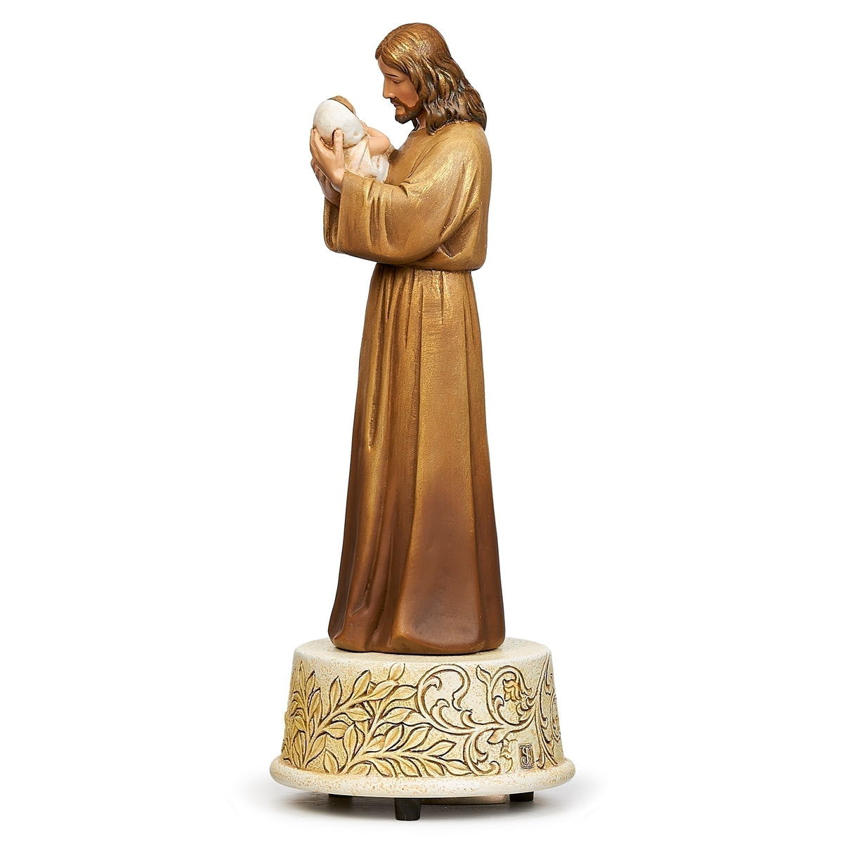 Side view of Joseph's Studio Jesus Loves Me Musical Figure showing Jesus holding the child close and the tall flowing robe