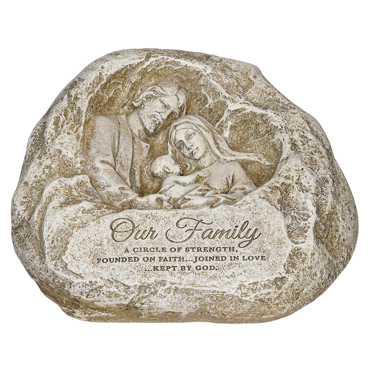 Front view of Joseph's Studio Holy Family Garden Stone showing the Holy Family relief and "Our Family" inscription