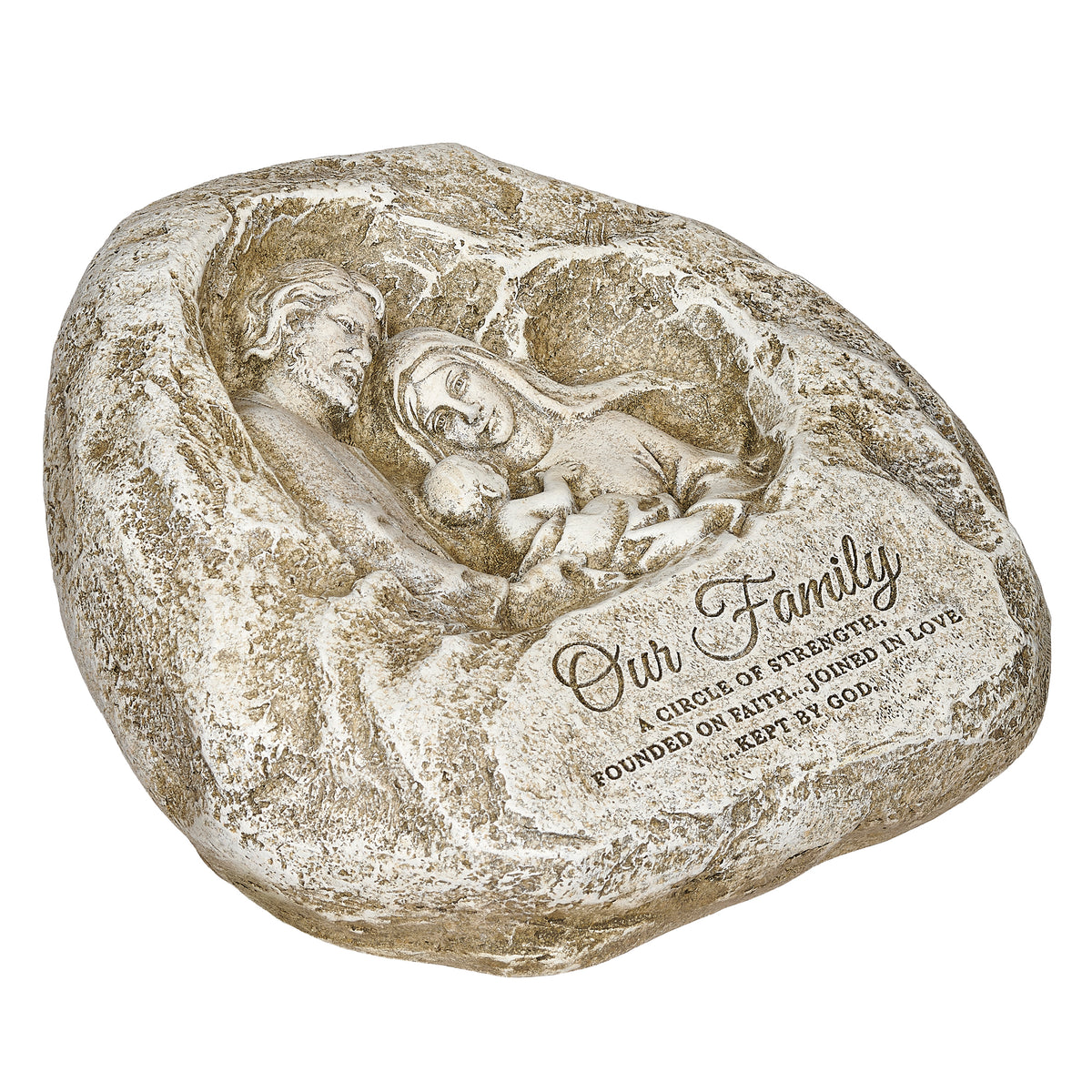 Alternate front angled view of Joseph's Studio Holy Family Garden Stone highlighting the Holy Family relief and irregular rounded shape