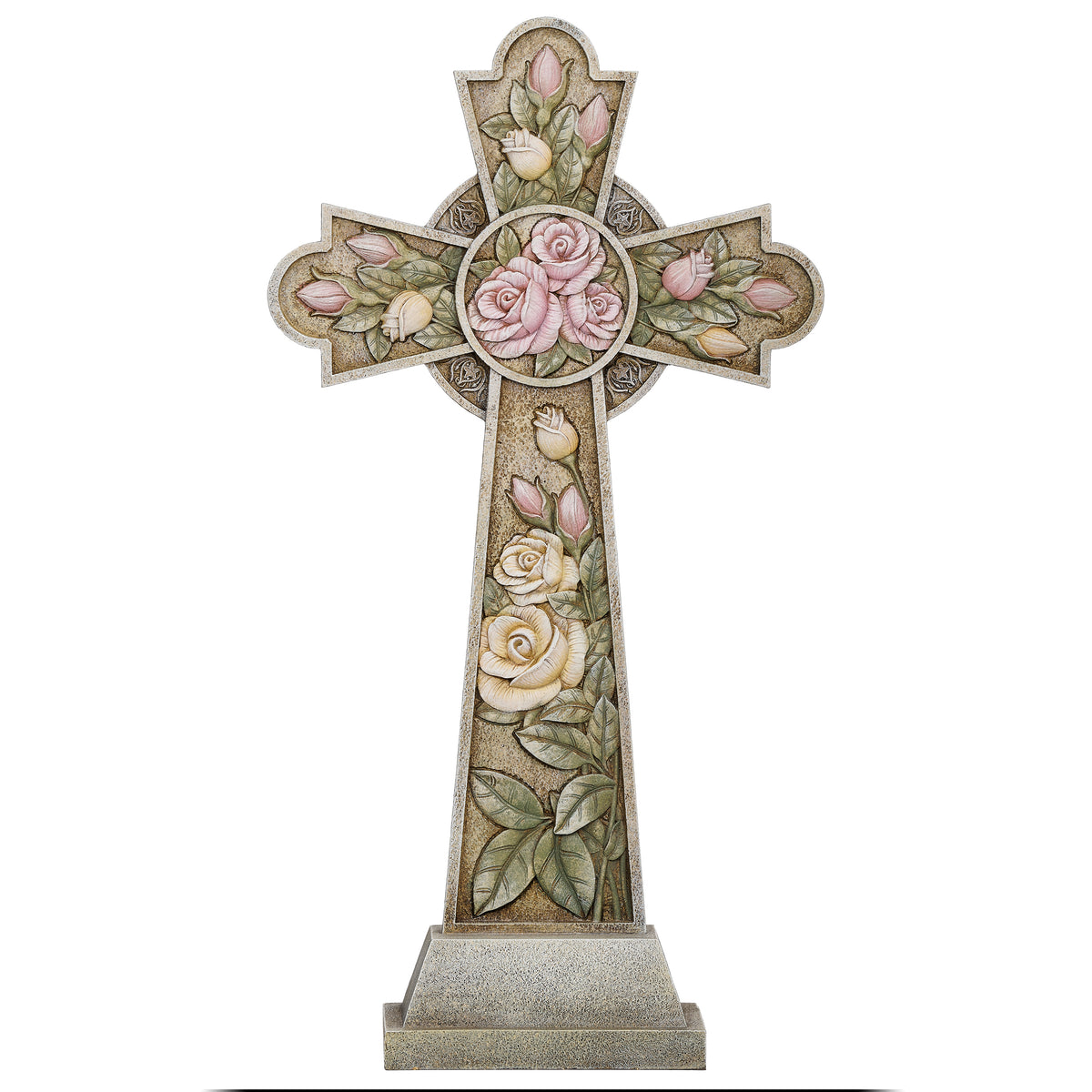 Front product view of Joseph's Studio Garden Cross with Roses showing the floral relief and decorative pedestal base