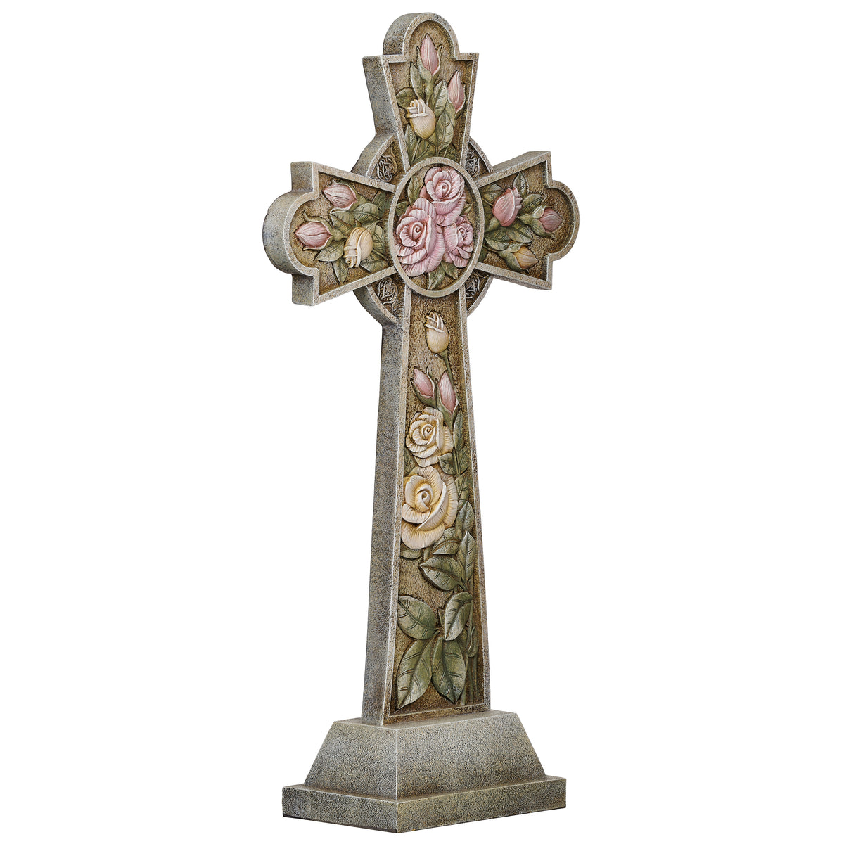 Alternate front view of Joseph's Studio Garden Cross with Roses showing the raised floral details and decorative cross design