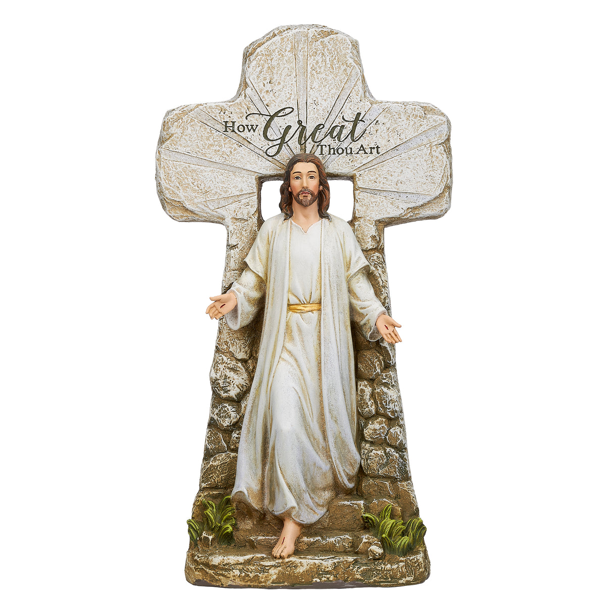 Front view of Joseph's Studio Jesus Rising Figure showing Christ in flowing white robes with open arms before the textured stone cross