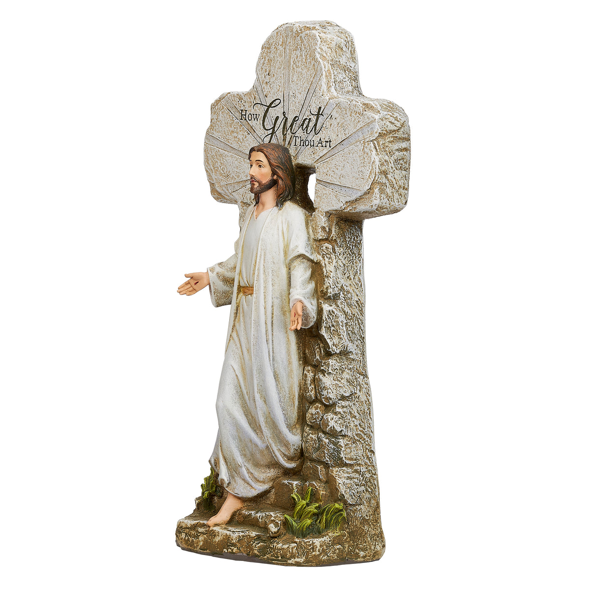 Front angled view of Joseph's Studio Jesus Rising Figure showing the risen Christ stepping from the tomb beside the stone-look cross