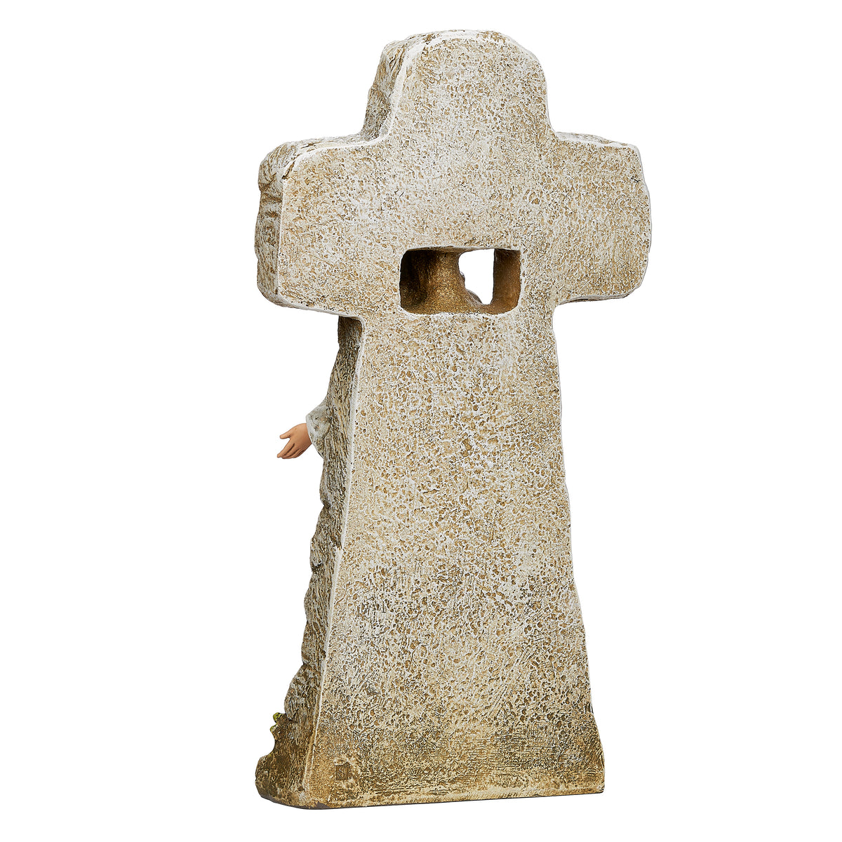 Rear angled view of Joseph's Studio Jesus Rising Figure showing the stone cross, sculpted base, and Christ visible from the side