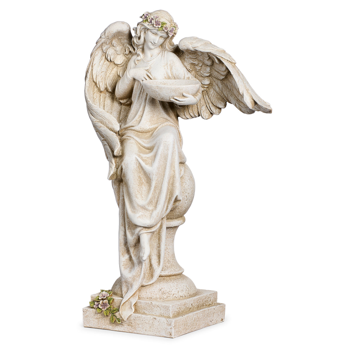 Front angled view of Joseph's Studio Angel with Bird Bath Statue showing the angel holding the bird bath bowl with flowing robes and detailed wings
