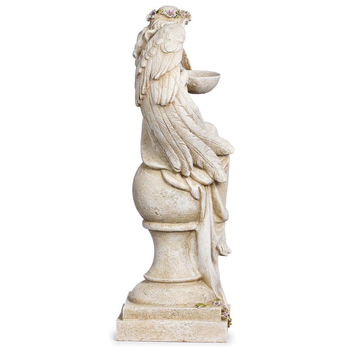 Opposite side view of Joseph's Studio Angel with Bird Bath Statue showing the angel holding the bowl with wing and gown details