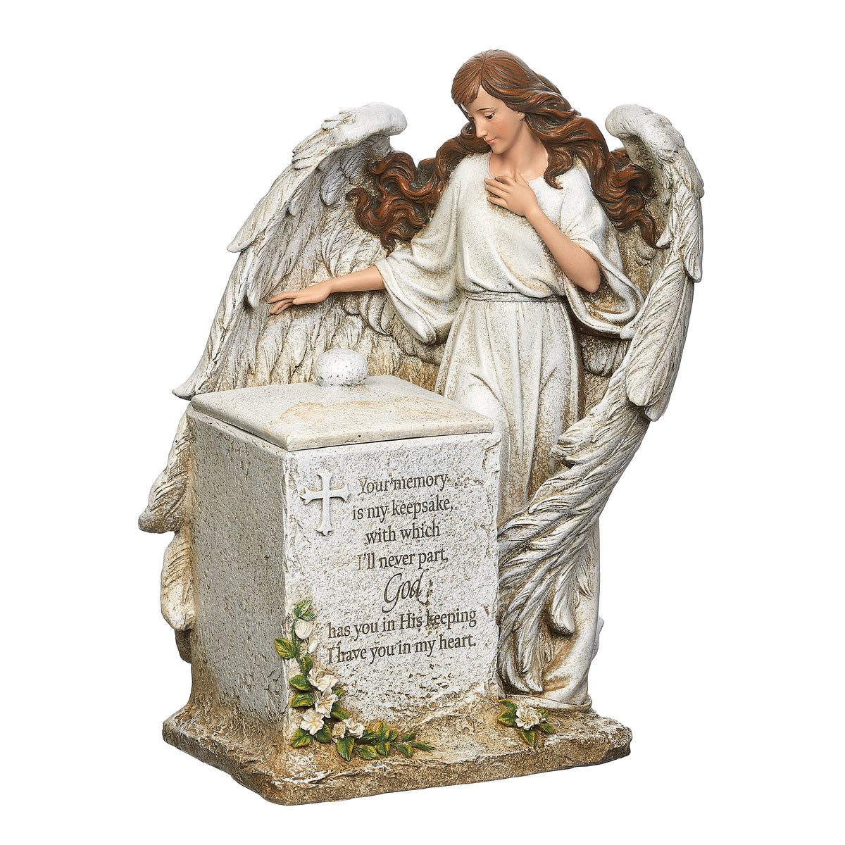 Front angled view of Joseph's Studio Memorial Box with Angel showing the angel leaning beside the memorial box with sculpted wings and floral accents