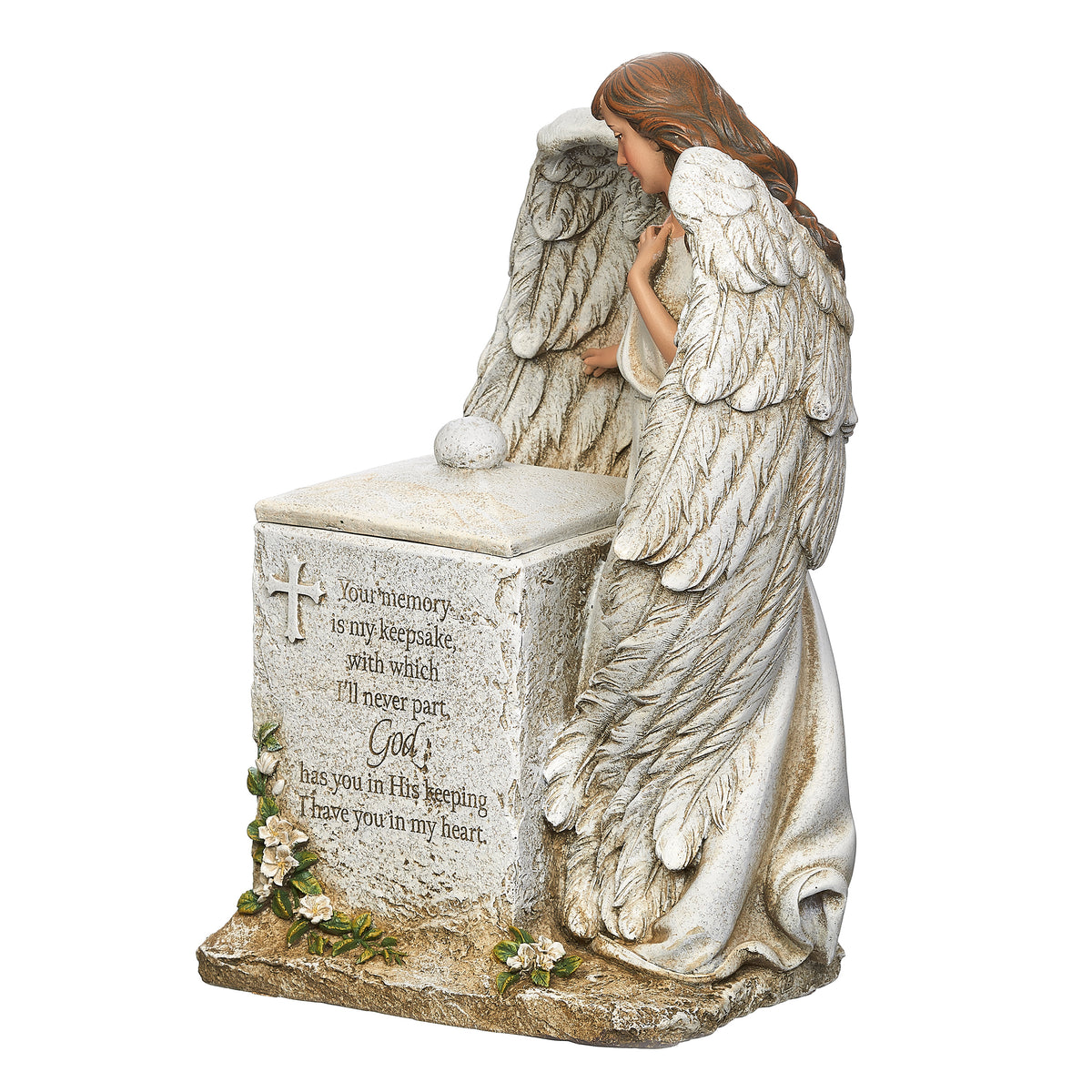 Side view of Joseph's Studio Memorial Box with Angel showing the angel, textured wings, and raised stone-look keepsake box