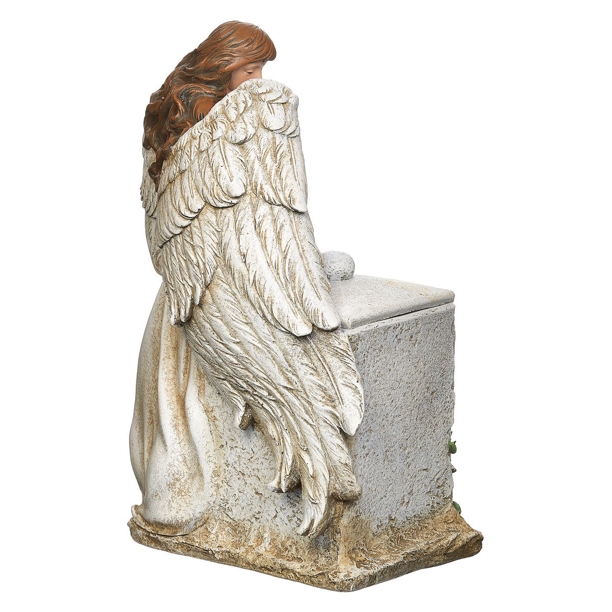 Rear angled view of Joseph's Studio Memorial Box with Angel showing the back of the angel, feathered wings, and stone-look box