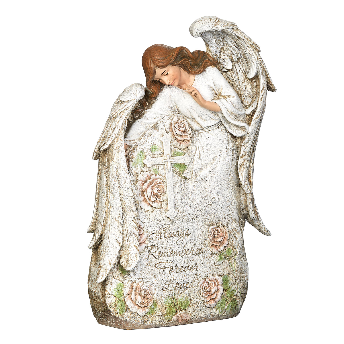 Front angled view of Joseph's Studio Memorial Stone with Angel Garden Statue showing the angel, floral accents, and inscribed stone marker