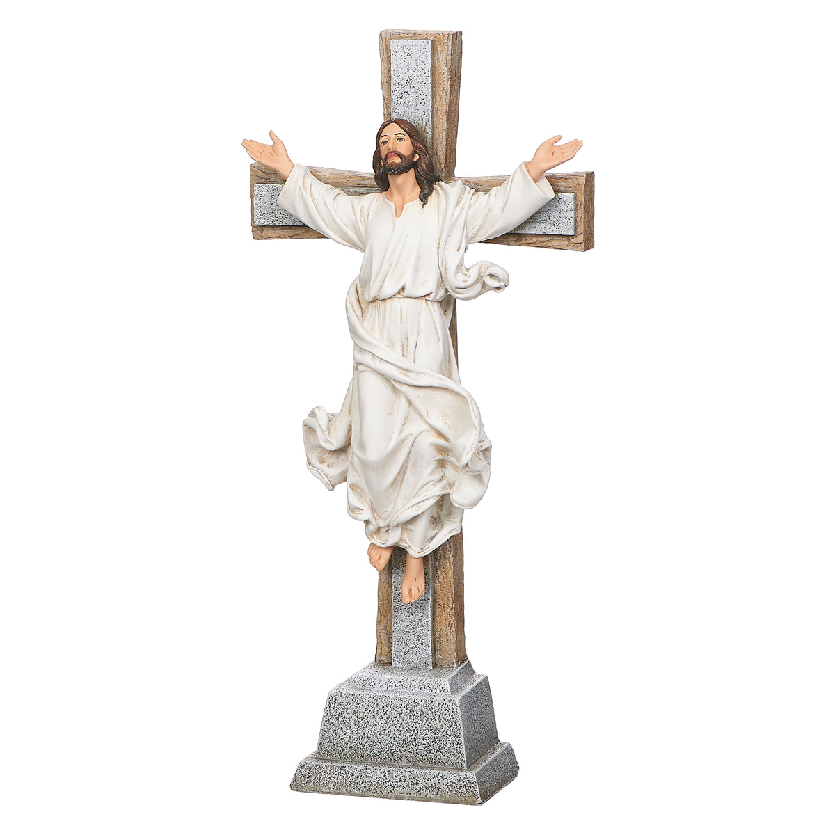 Front angled view of Joseph's Studio Risen Christ Standing Cross showing Jesus with uplifted arms, flowing white garments, and the cross behind Him