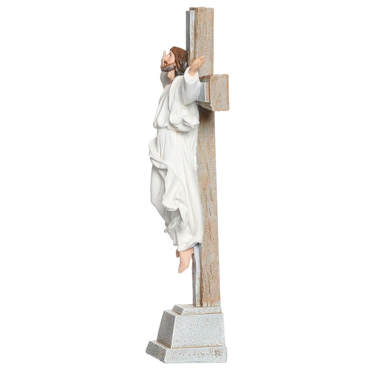 Side view of Joseph's Studio Risen Christ Standing Cross showing the flowing robes, raised arms, cross profile, and pedestal base