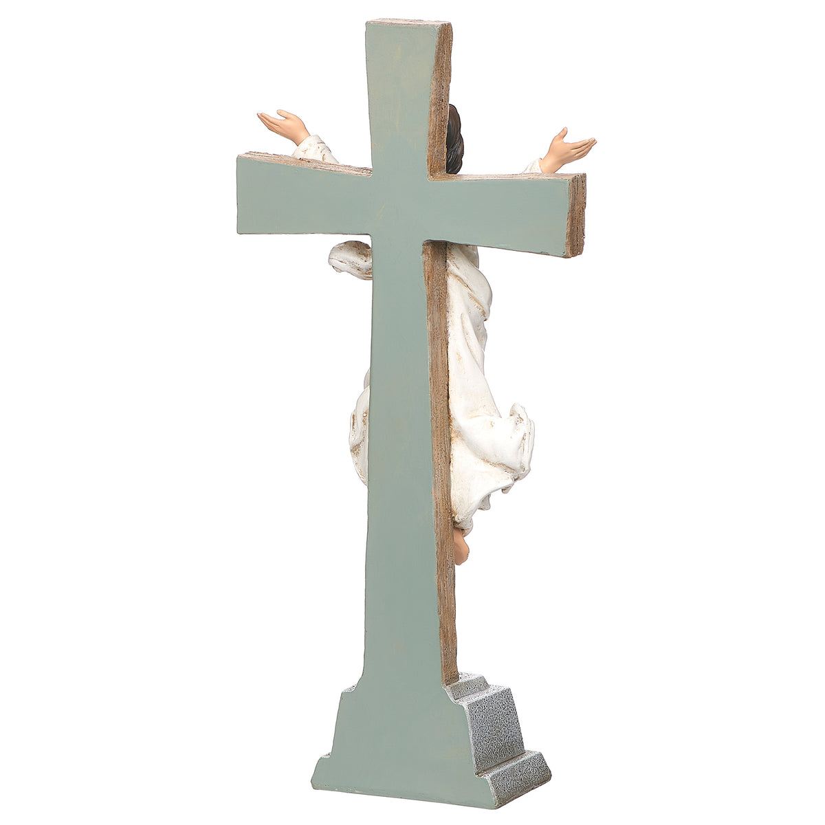 Back view of Joseph's Studio Risen Christ Standing Cross showing the reverse of the cross, flowing white robes, and stone-look base