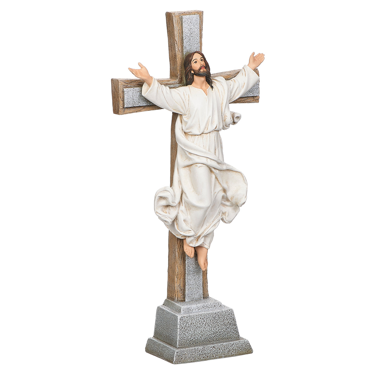Alternate front angled view of Joseph's Studio Risen Christ Standing Cross highlighting the risen Christ, extended arms, cross, and sculpted pedestal