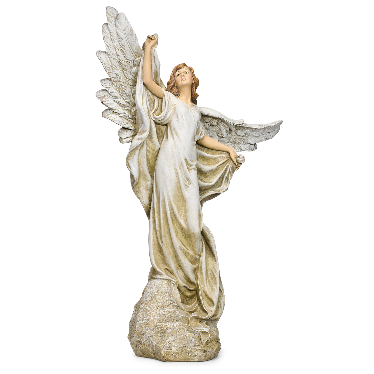 Front angled view of Joseph's Studio Heaven's Angel Garden Statue showing the raised arm, sweeping robes, and spread wings