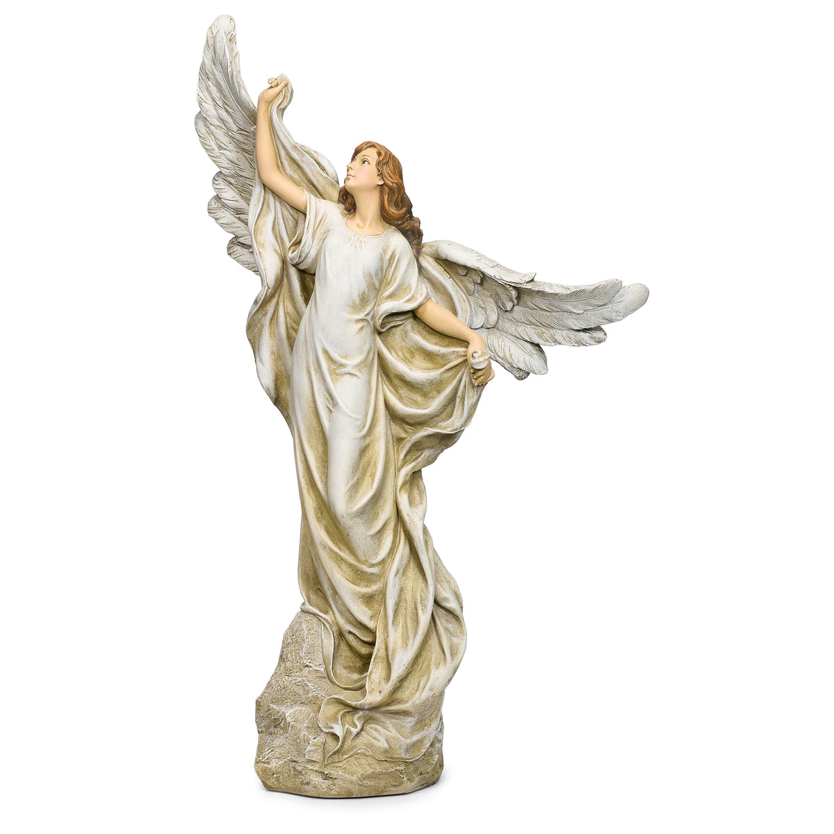 Front view of Joseph's Studio Heaven's Angel Garden Statue with one arm lifted toward the sky and wings extended outward