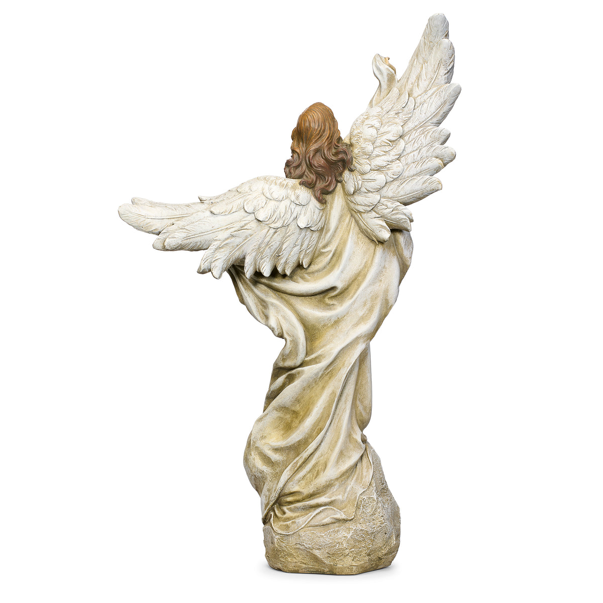Back angled view of Joseph's Studio Heaven's Angel Garden Statue showing the wide feathered wings and draped robes