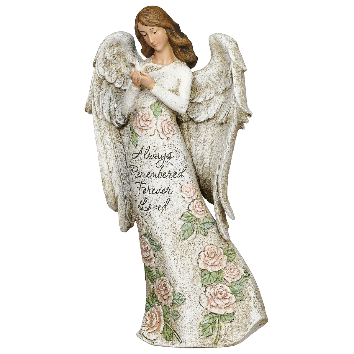 Front view of Joseph's Studio Memorial Angel with Dove Statue showing the angel holding the dove close with wings spread behind her