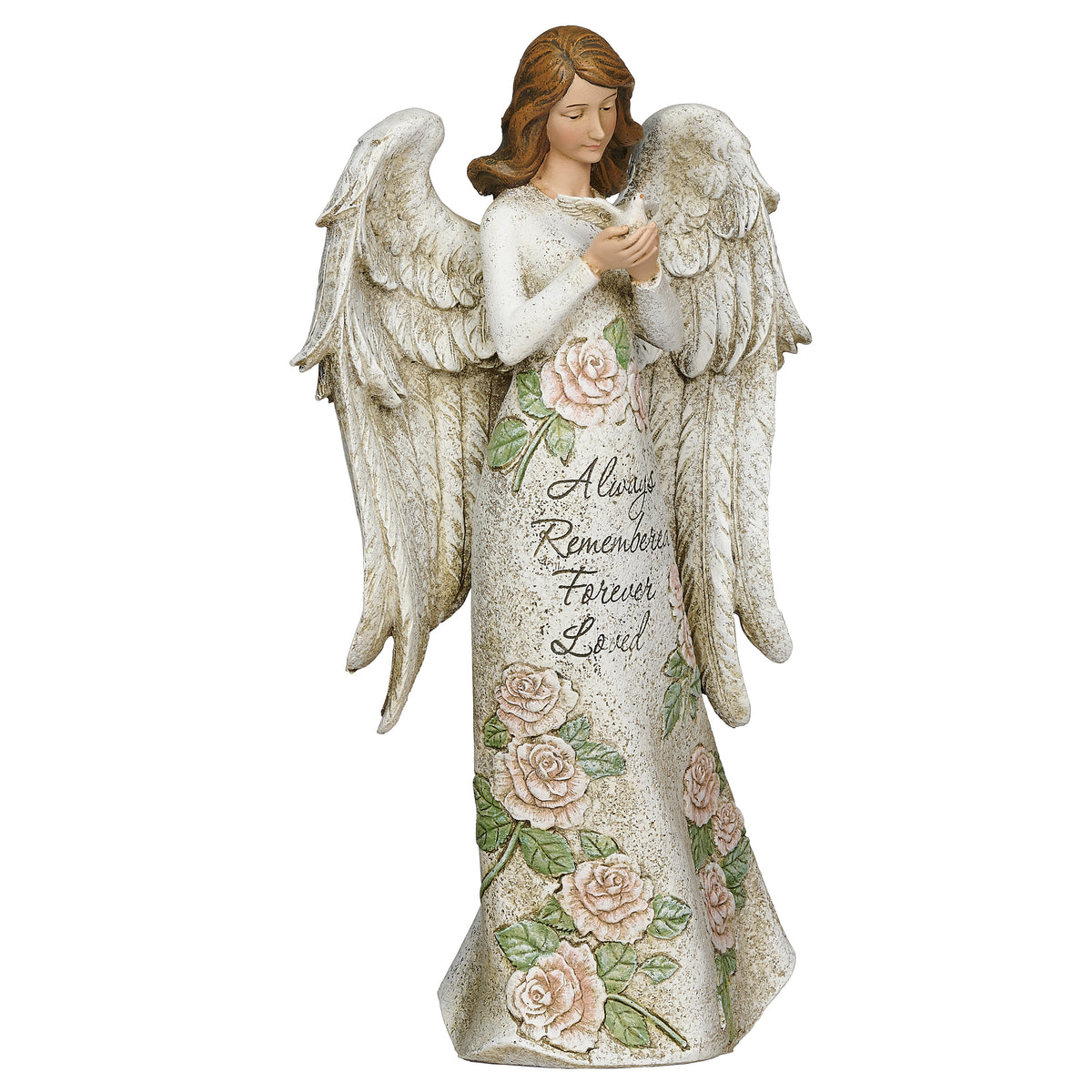 Alternate front angled view of Joseph's Studio Memorial Angel with Dove Statue highlighting the dove, memorial message, floral accents, and sculpted wings