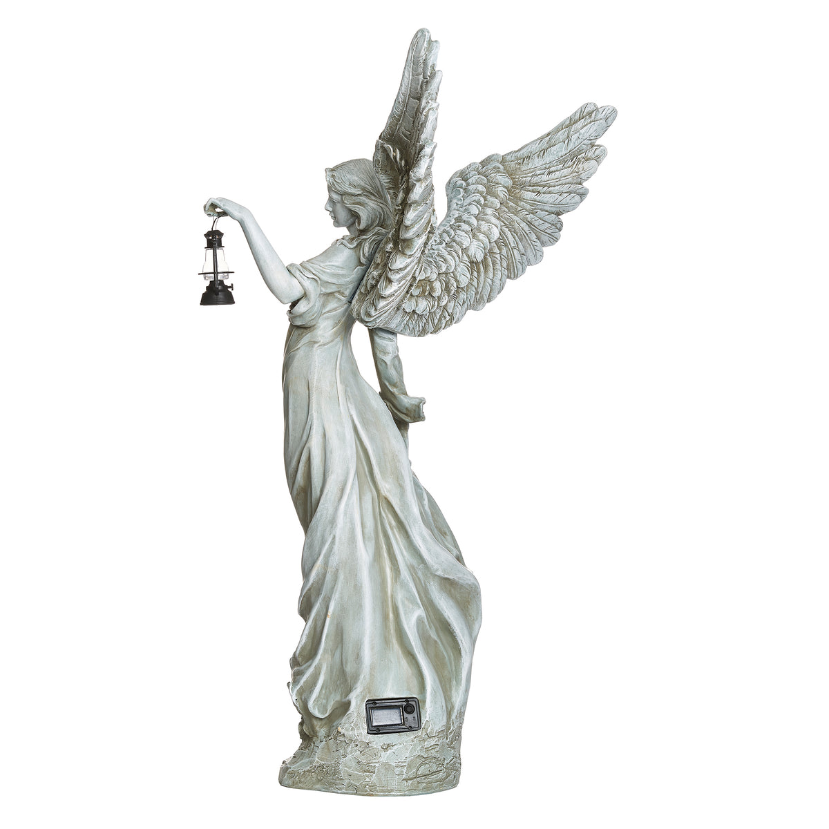 Side view of Joseph's Studio Solar Angel Holding Lantern showing the hanging lantern, tall wing profile, and flowing gown