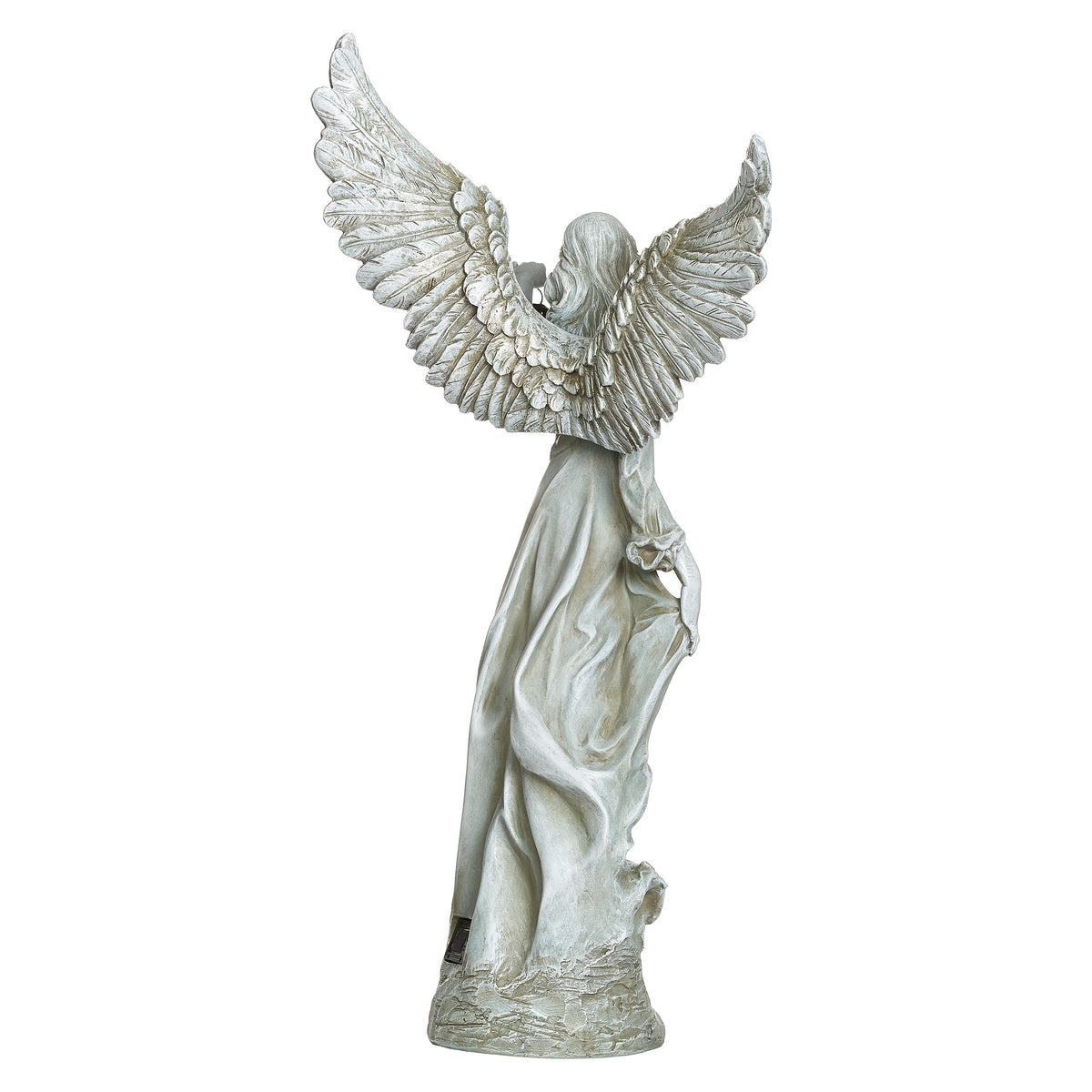 Back view of Joseph's Studio Solar Angel Holding Lantern showing the large feathered wings and long sculpted robes