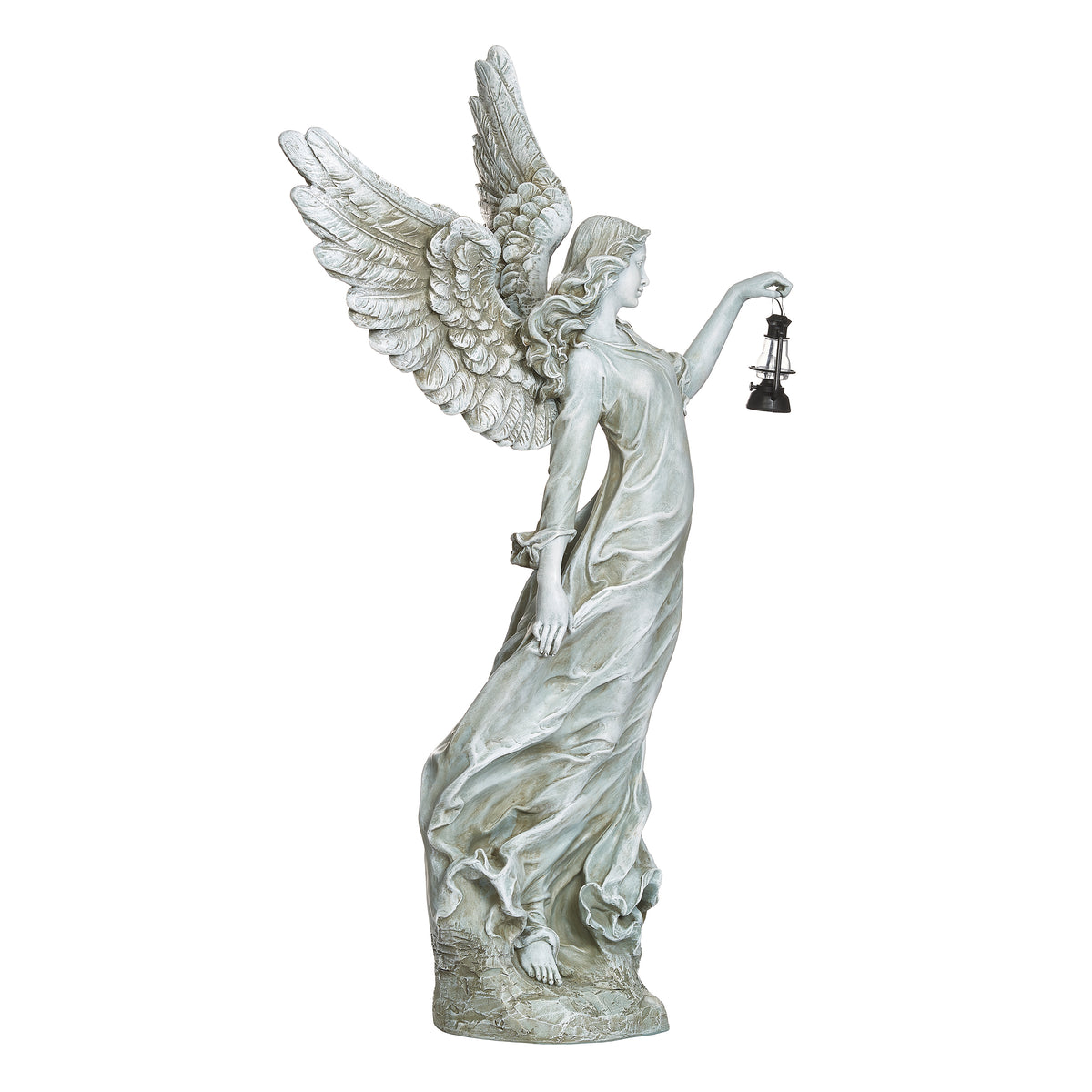 Opposite side view of Joseph's Studio Solar Angel Holding Lantern showing the lantern, wing detail, and flowing figure