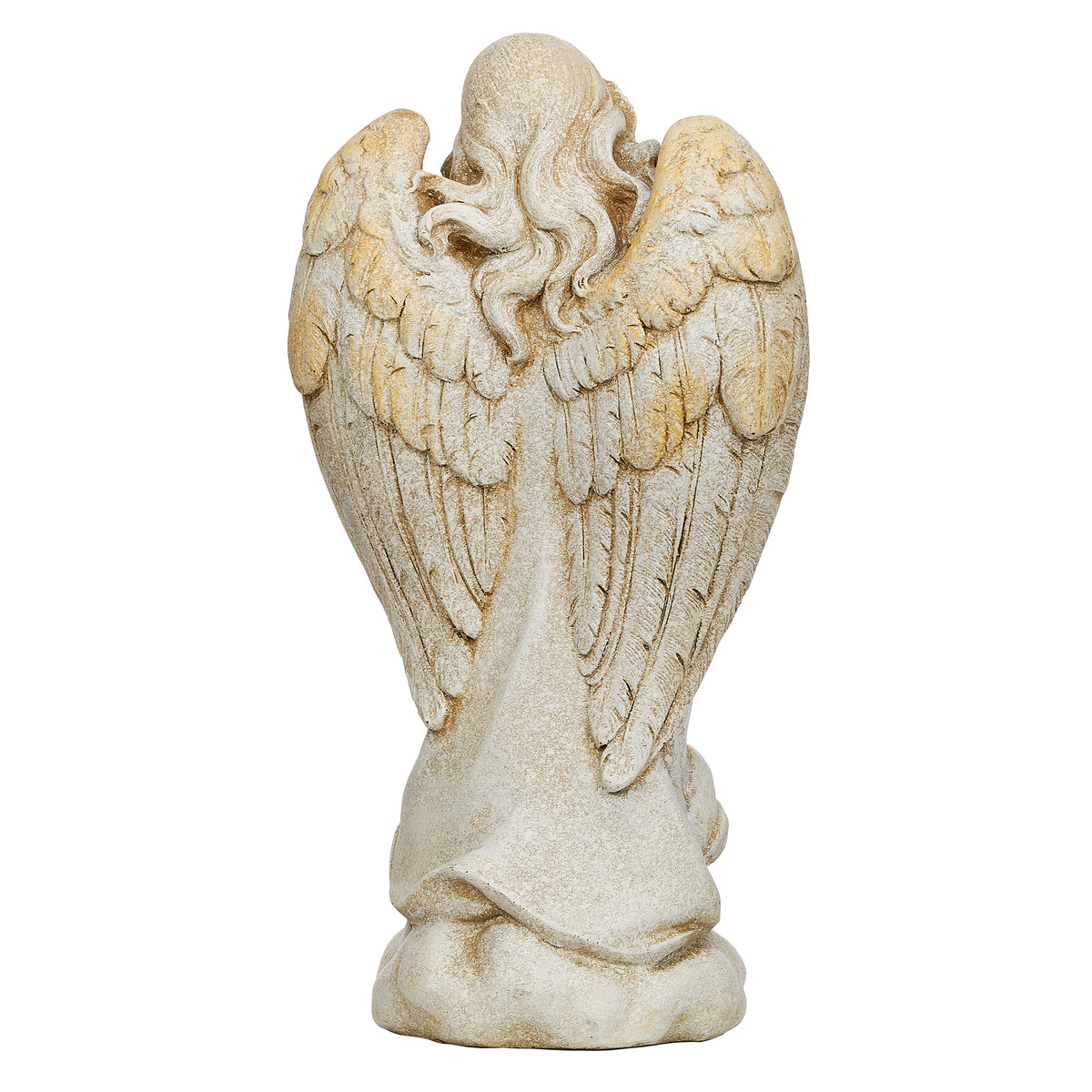 Back view of Joseph's Studio Memorial Angel with Gold Heart Garden Statue showing the large sculpted feathered wings and flowing robe