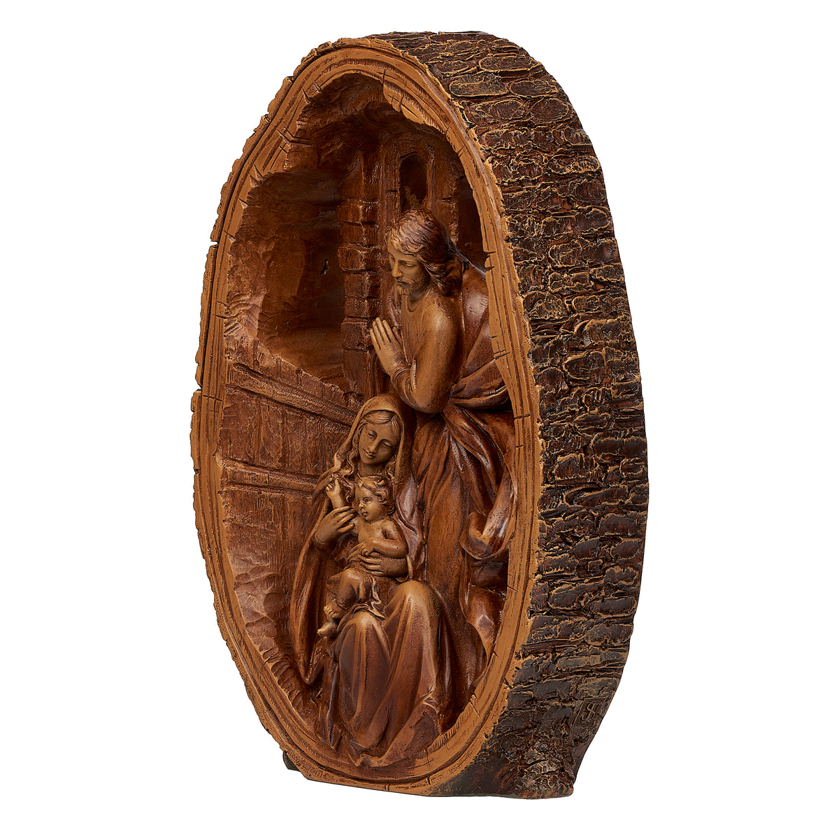 Opposite front angled view of Joseph's Studio Carved Holy Family Figure highlighting Joseph, Mary, baby Jesus, and the rustic carved frame