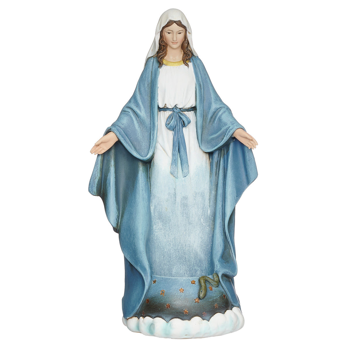 Front view of Joseph's Studio Our Lady of Grace Candle Holder showing Mary with open arms, blue and white robes, and the recessed candle holder