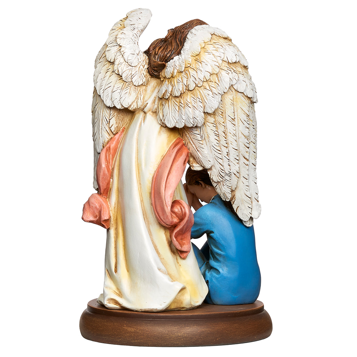 Back angled view of Joseph's Studio Healthcare Guardian Angel Figure showing the angel's large feathered wings and the seated nurse at the base
