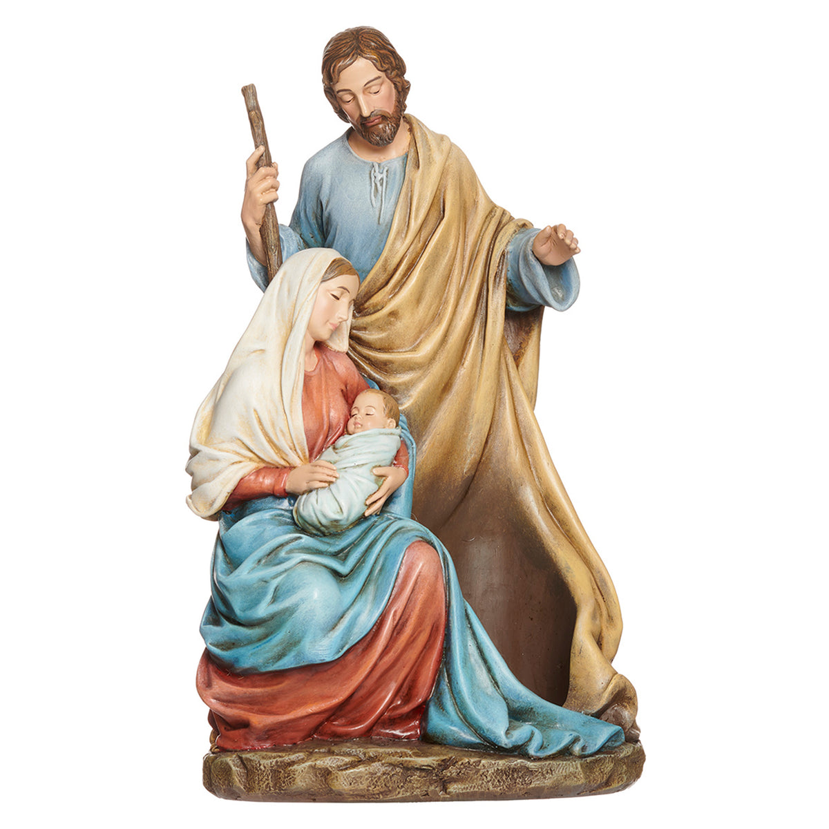 Alternate front view of Joseph's Studio Holy Family Candle Holder highlighting Mary, Joseph, the infant Jesus, and the recessed space for a pillar candle