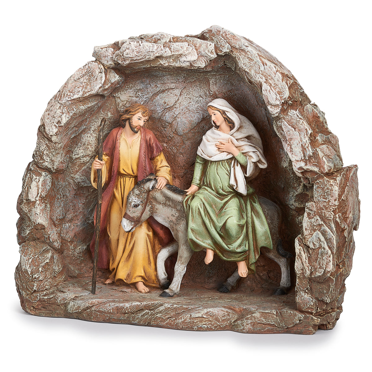 Front view of Joseph's Studio Lighted Las Posadas Figure showing Mary on the donkey beside Joseph within the textured stone-look arch